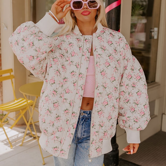 NWOT Small Oversized Floral Quilted Bomber Jacket Coat Coquette Cream Ivory Boho - Picture 4 of 9